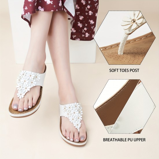 Women's Flower Decor Flip Flops, Casual Soft Sole Massage Slide Sandals With Arch Supports, Outdoor Non Slip Sandals