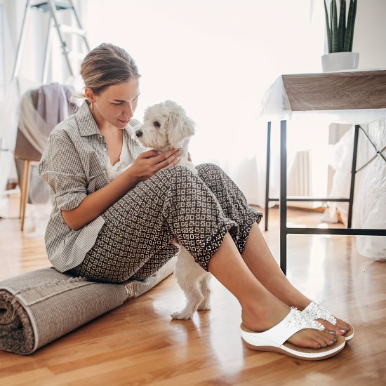 Women's Flower Decor Flip Flops, Casual Soft Sole Massage Slide Sandals With Arch Supports, Outdoor Non Slip Sandals