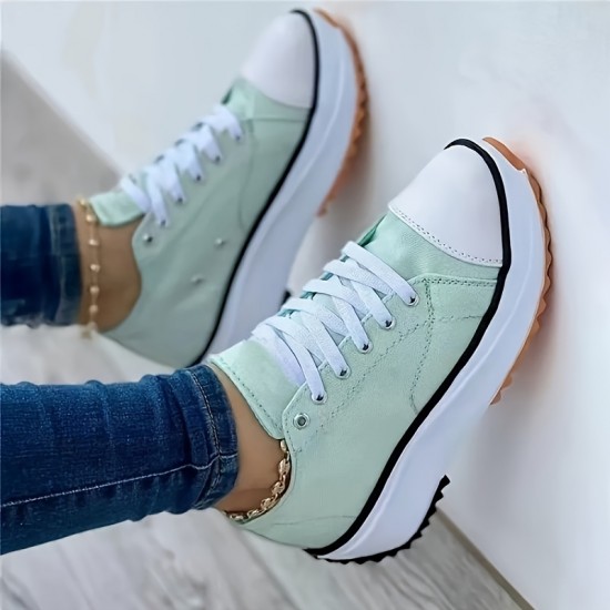 Women's Platform Canvas Sneakers, Casual Solid Color Lace Up Trainers, All-Match Walking Sports Shoes