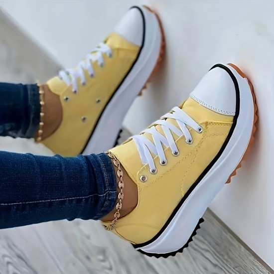 Women's Solid Color Trendy Sneakers, Lace Up Soft Sole Platform Casual Walking Shoes, Versatile Low-top Canvas Shoes