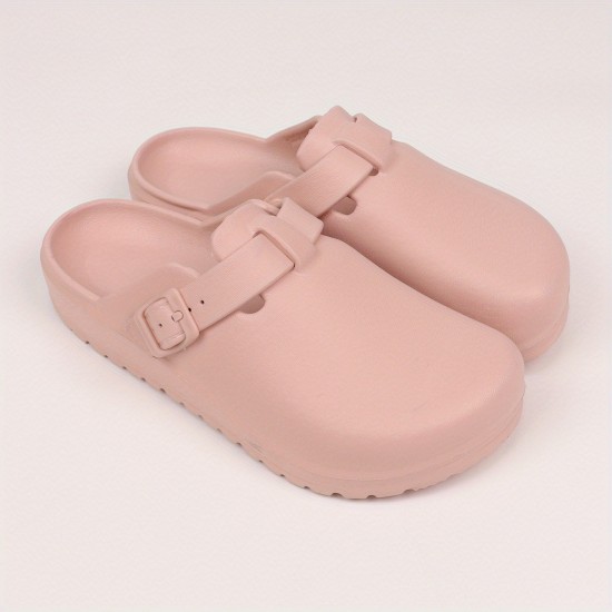 Women's Solid Color Clogs, Slip On Round Toe Buckle Decor Non-slip Soft Sole EVA Slides, Summer Casual Beach Shoes
