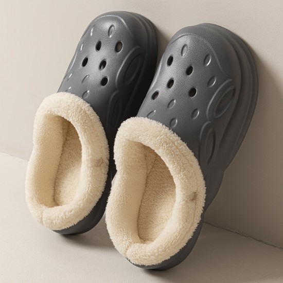 Solid Color Warm Lined Clogs, Slip On Soft Sole Platform Closed Toe Plush Shoes, Winter Non-slip Fuzzy Shoes