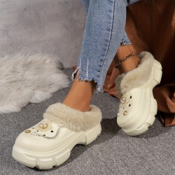 Women's Rhinestone & Chaine Decor Clogs, Closed Toe Soft Sole Platform Warm Lined Shoes, Winter Non-slip Plush Shoes