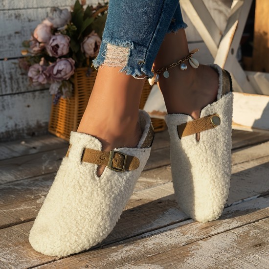 Women's Solid Color Fuzzy Mules, Slip On Soft Sole Lined Warm Shoes, Winter Non-slip Plush Shoes