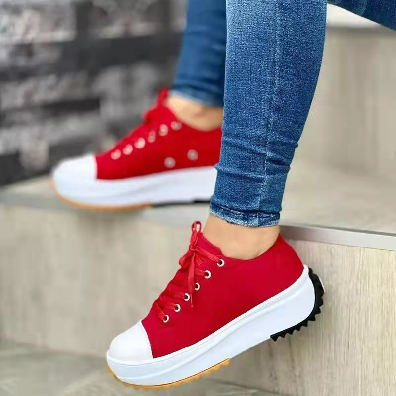womens platform canvas sneakers solid color lace up low top trainers casualall match walking shoes details 11