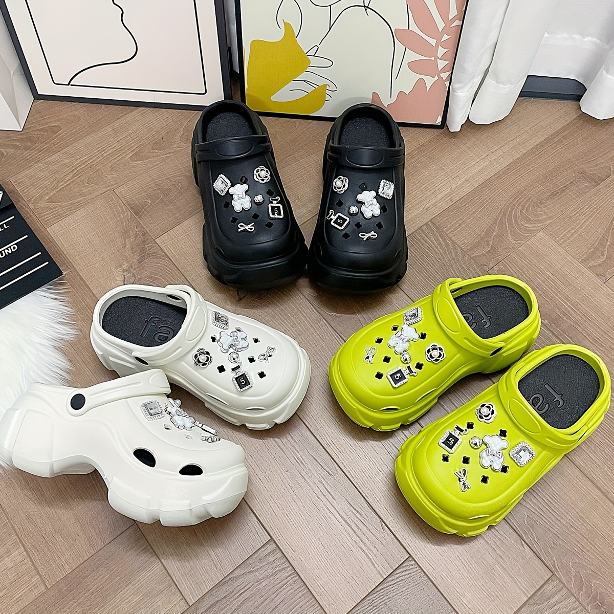 womens rhinestone decor clogs casual hollow out design garden shoes comfortable slip on shoes details 3