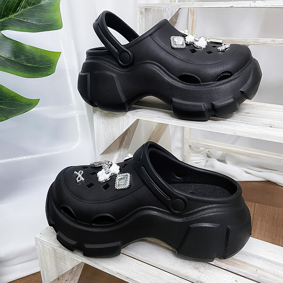 womens rhinestone decor clogs casual hollow out design garden shoes comfortable slip on shoes details 6