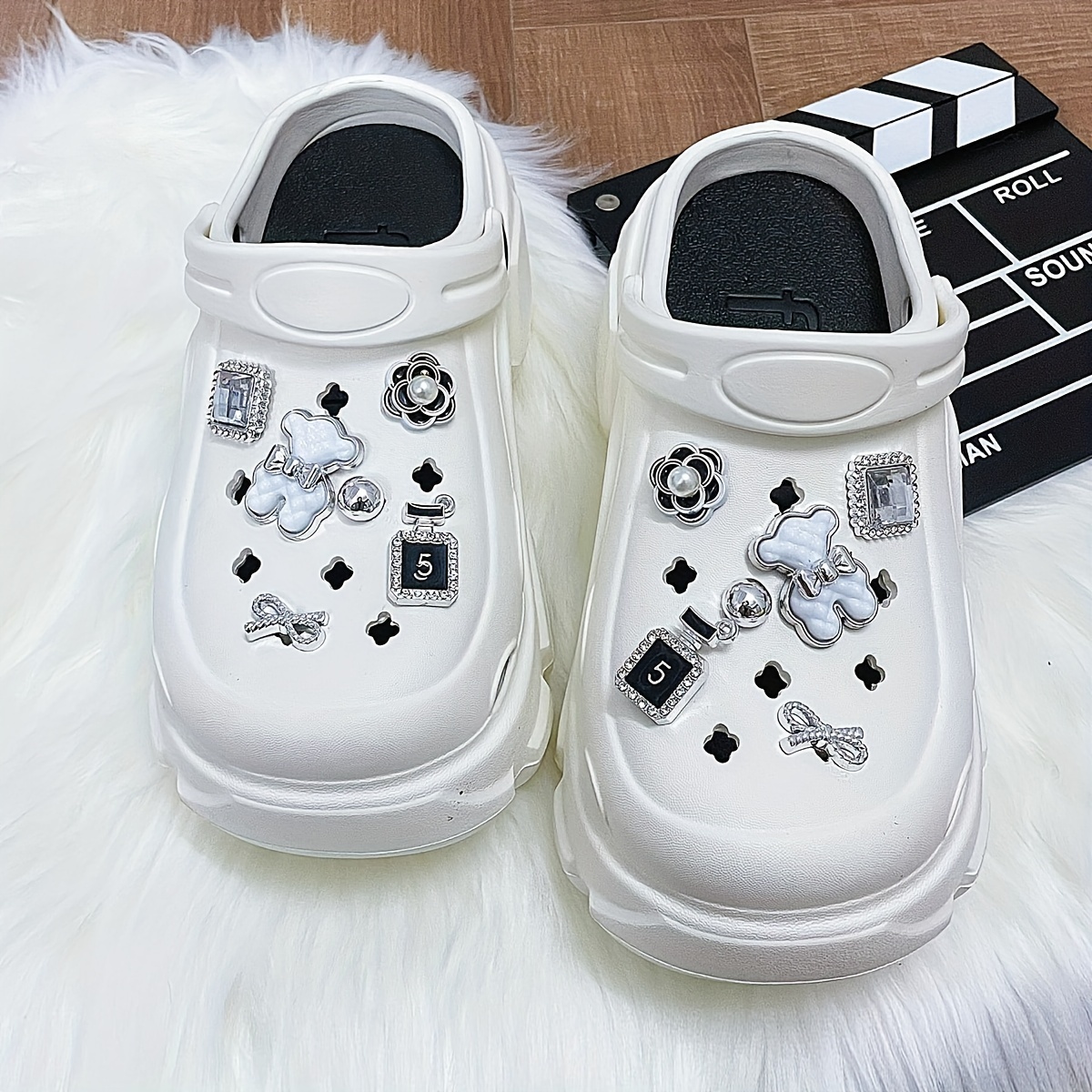 womens rhinestone decor clogs casual hollow out design garden shoes comfortable slip on shoes details 8