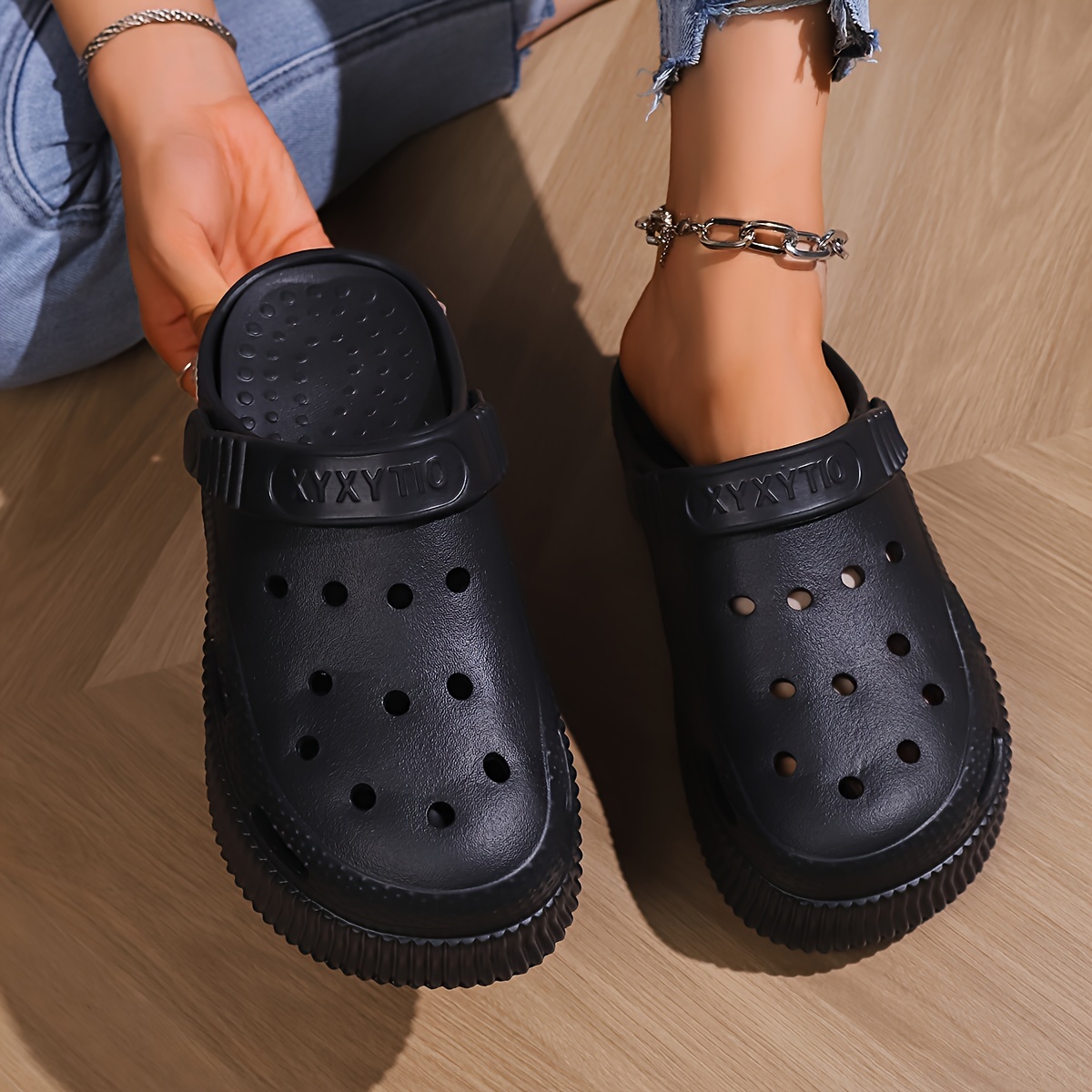 womens platform eva clogs solid color closed toe hollow out design slides breathable outdoor sandals details 0