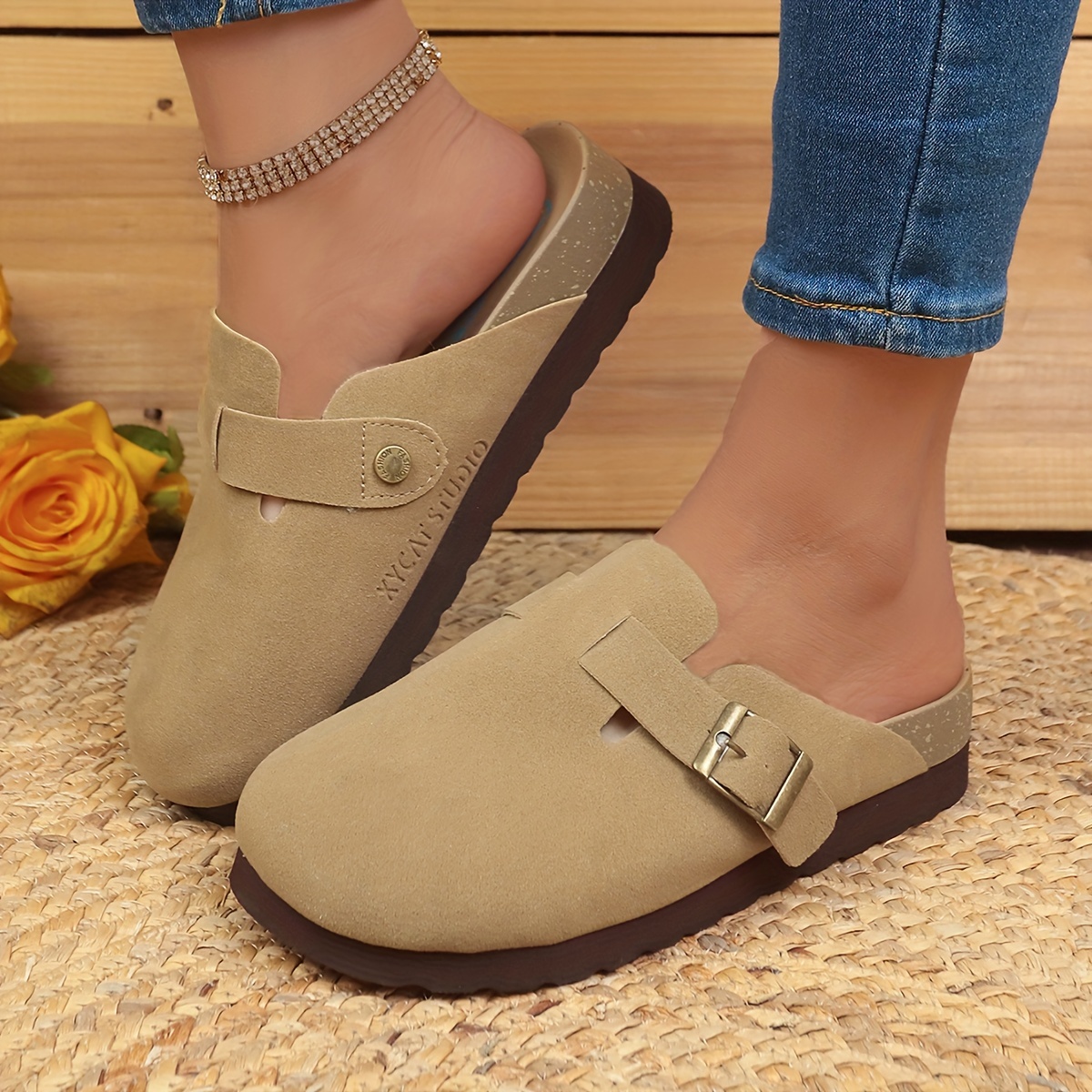 retro flat mules, womens retro flat mules solid color closed toe buckle strap slide shoes all match outdoor slides details 1