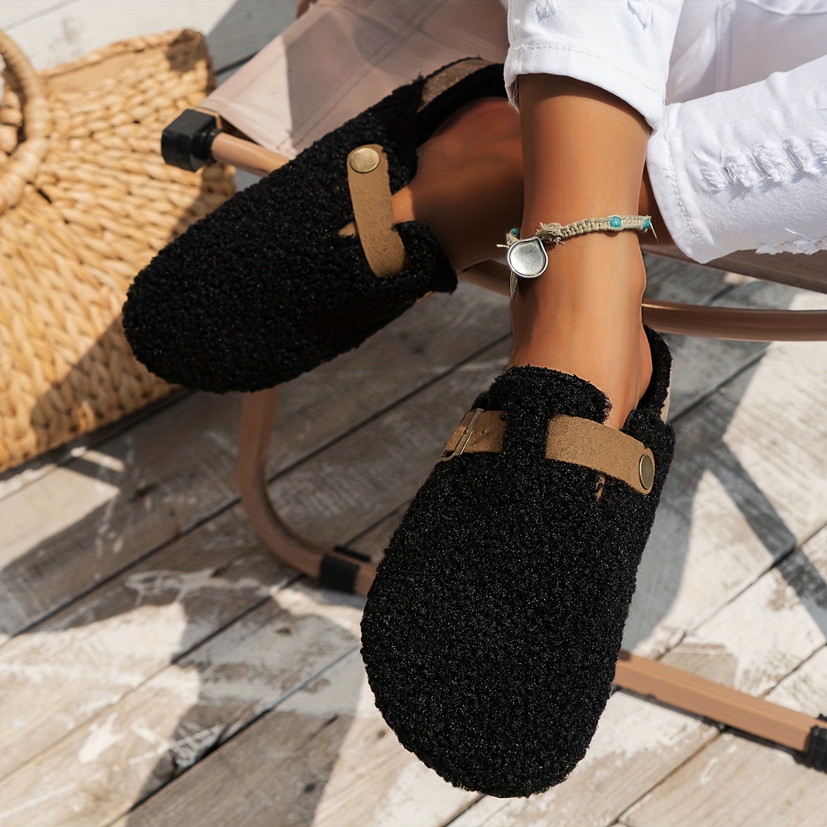 womens solid color fuzzy mules slip on soft sole lined warm shoes winter non slip plush shoes details 9